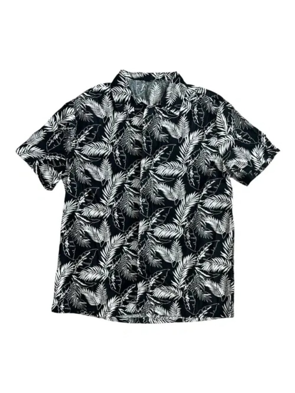 Men's Black White Tropical Palm Leaf Hawaiian Camp Shirt Cotton Short Sleeve